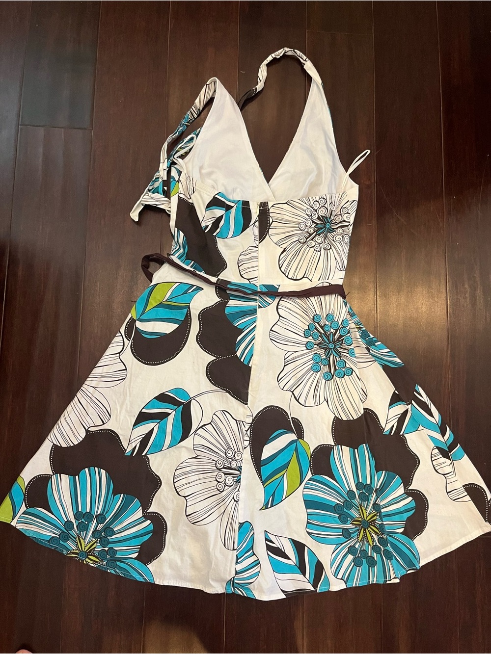 Sleeveless Floral A-Line Dress in Teal & White